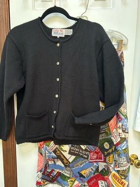 Vntg Black, silver button TallyHo Knit Cardigan, front pockets, cuff buttons
